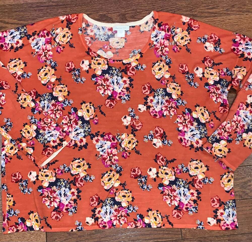 Garnet Hill Merino Wool Sweater XL Orange Floral Boxy Scoop Neck